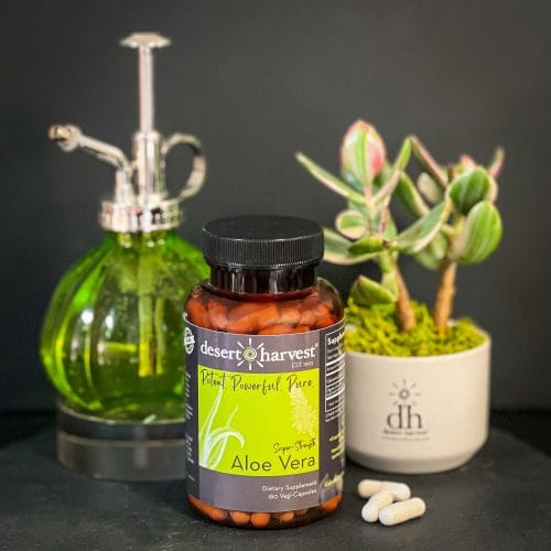 Super Strength Aloe Vera 180 Capsules with Aloe Vera capsules, a potted plant and watering can in background